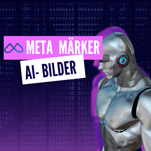 Bild som visar Meta-logotypen bredvid en datorskärm med sociala medieplattformar. Texten lyder: 'Metas nya AI-märkning initiativ för ökad transparens och förtroende på Instagram, Facebook och Threads